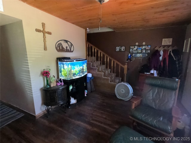 808 N Norfolk Rd, Yale, OK 74085 - living area with wood finished floors, wood ceiling, stairway, and baseboards