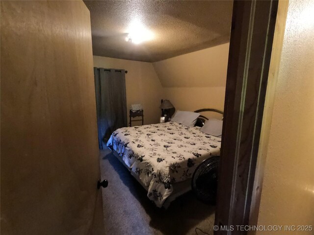 808 N Norfolk Rd, Yale, OK 74085 - bedroom with a textured ceiling, lofted ceiling, and carpet