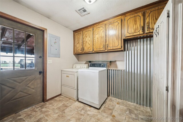 1202 S Oak Grove Rd, Cushing, OK 74023 - washroom featuring electric panel, independent washer and dryer, cabinet space, and a textured ceiling