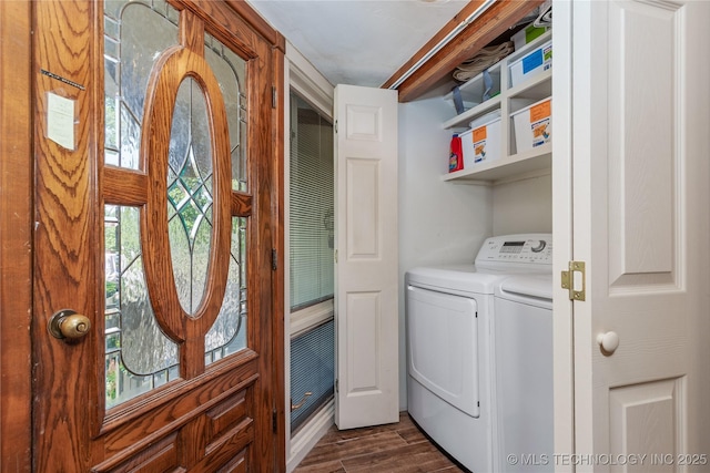 29898 S 566th Rd Unit 422, Afton, OK 74331 - washroom featuring washing machine and dryer, dark wood finished floors, and plenty of natural light
