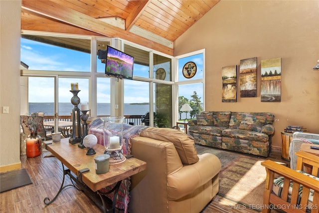 29898 S 566th Rd Unit 422, Afton, OK 74331 - living area with plenty of natural light, wood finished floors, high vaulted ceiling, wood ceiling with exposed beams, and floor to ceiling windows