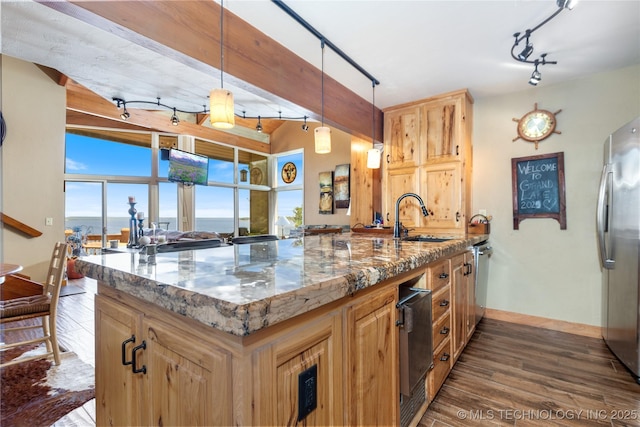 29898 S 566th Rd Unit 422, Afton, OK 74331 - kitchen featuring rail lighting, a sink, dark wood-style flooring, appliances with stainless steel finishes, and a peninsula