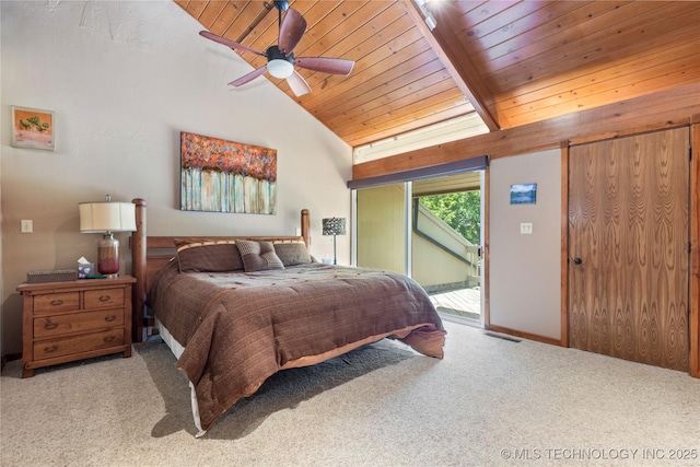 29898 S 566th Rd Unit 422, Afton, OK 74331 - bedroom with vaulted ceiling, carpet flooring, access to outside, wooden ceiling, and a ceiling fan