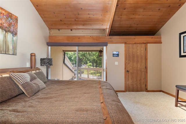 29898 S 566th Rd Unit 422, Afton, OK 74331 - bedroom with carpet floors, wooden ceiling, access to exterior, and baseboards