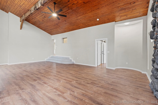 1550 E Apache St N, Tulsa, OK 74106 - unfurnished living room with ceiling fan, high vaulted ceiling, wood finished floors, wooden ceiling, and stairs