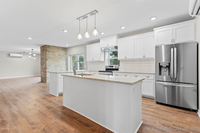 1550 E Apache St N, Tulsa, OK 74106 - kitchen with stainless steel appliances, a sink, under cabinet range hood, a center island with sink, and decorative backsplash