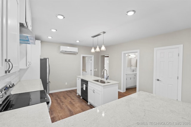 1550 E Apache St N, Tulsa, OK 74106 - kitchen with a sink, a wall mounted air conditioner, stainless steel appliances, exhaust hood, and white cabinetry