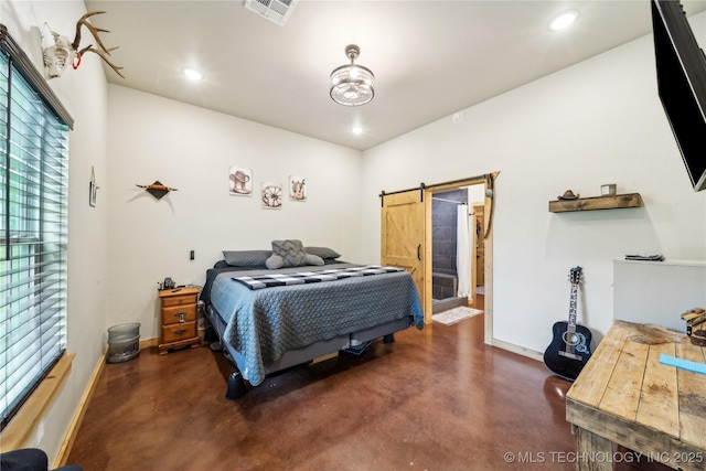 17784 S 210th Rd, Okmulgee, OK 74447 - bedroom featuring concrete floors, a barn door, baseboards, and recessed lighting