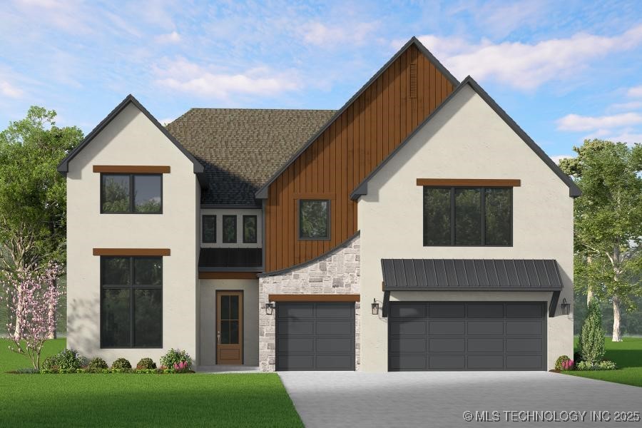 2321 E 134th Cir, Bixby, OK 74008 - contemporary house with a garage, driveway, stone siding, and a front yard