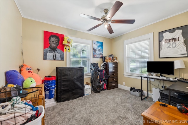 1211 E Fairview Ave, Sapulpa, OK 74066 - carpeted office with ceiling fan, ornamental molding, and baseboards