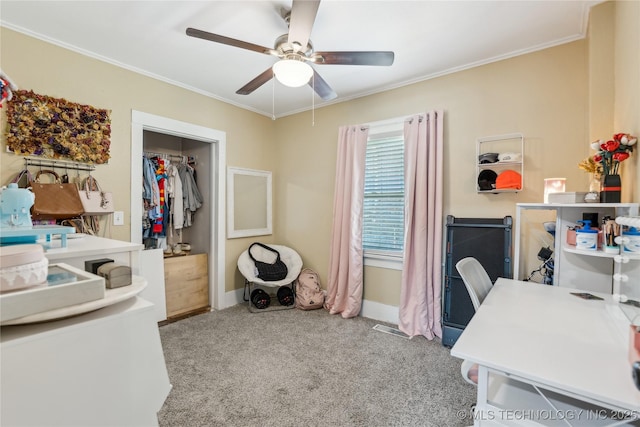 1211 E Fairview Ave, Sapulpa, OK 74066 - carpeted home office featuring a ceiling fan, crown molding, and baseboards