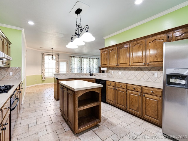 8704 N 140th E Ct, Owasso, OK 74055 - kitchen featuring black appliances, a sink, light countertops, ornamental molding, and backsplash