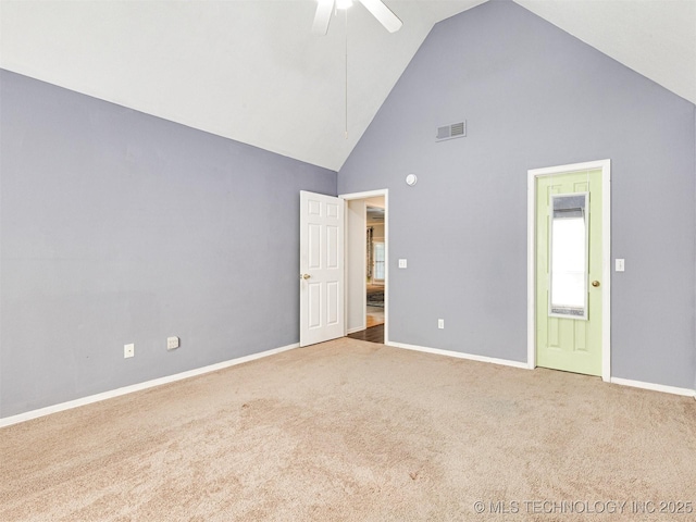 8704 N 140th E Ct, Owasso, OK 74055 - unfurnished bedroom featuring high vaulted ceiling, carpet floors, baseboards, and a ceiling fan