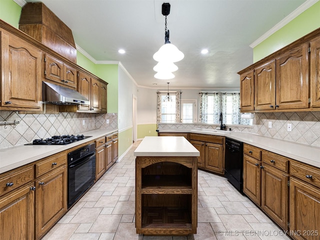 8704 N 140th E Ct, Owasso, OK 74055 - kitchen with black appliances, under cabinet range hood, a sink, ornamental molding, and recessed lighting
