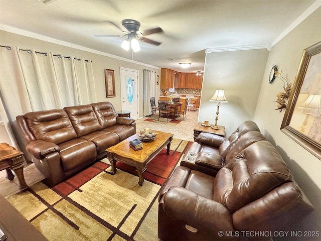 510 Beverly Ave, Vian, OK 74962 - living area featuring crown molding, a ceiling fan, and light wood finished floors