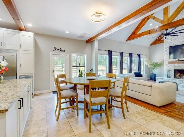 17716 S 39th W Ave, Mounds, OK 74047 - dining room with beam ceiling, recessed lighting, ceiling fan, light tile patterned floors, and baseboards