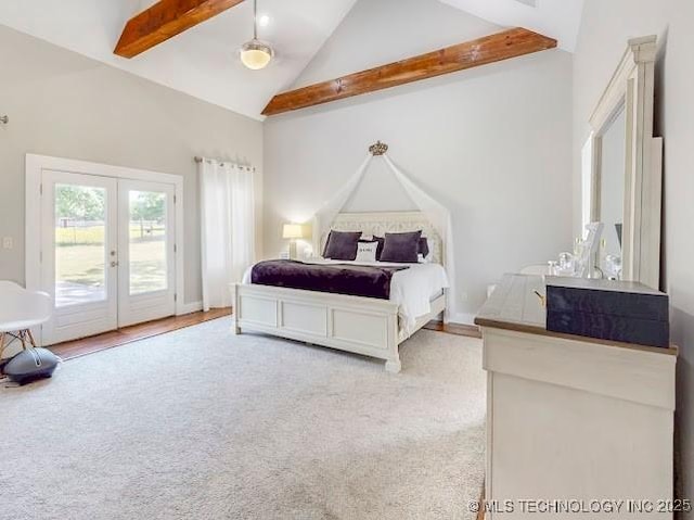 17716 S 39th W Ave, Mounds, OK 74047 - bedroom with access to outside, beamed ceiling, light colored carpet, high vaulted ceiling, and french doors