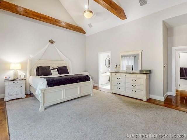 17716 S 39th W Ave, Mounds, OK 74047 - bedroom with high vaulted ceiling, wood finished floors, beam ceiling, and baseboards