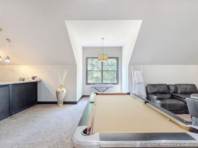 17716 S 39th W Ave, Mounds, OK 74047 - playroom with carpet, pool table, baseboards, and vaulted ceiling