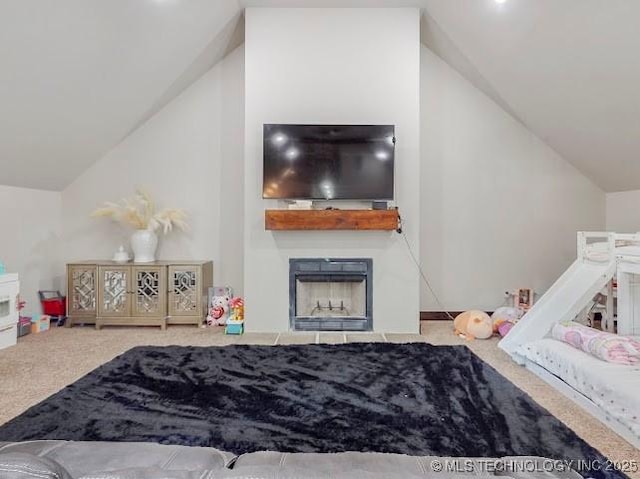 17716 S 39th W Ave, Mounds, OK 74047 - carpeted bedroom featuring lofted ceiling and a fireplace