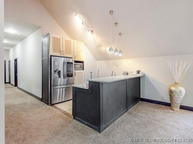 17716 S 39th W Ave, Mounds, OK 74047 - kitchen with stainless steel refrigerator with ice dispenser, lofted ceiling, light carpet, a peninsula, and a sink