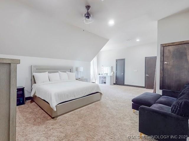 17716 S 39th W Ave, Mounds, OK 74047 - carpeted bedroom featuring vaulted ceiling, ceiling fan, baseboards, and recessed lighting