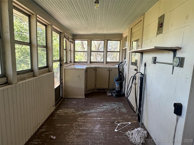 1107 W Broadway St, Henryetta, OK 74437 - washroom with dark wood-style floors and wood ceiling
