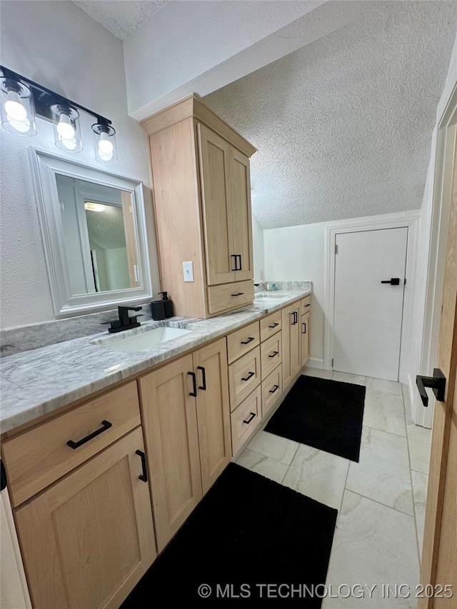 449734 E 356th Rd, Afton, OK 74331 - bathroom featuring a textured ceiling and double vanity