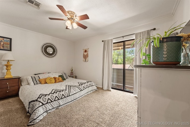 6353 S 80th E Ave Unit 1A, Tulsa, OK 74133 - bedroom featuring carpet floors, ornamental molding, access to outside, and a ceiling fan