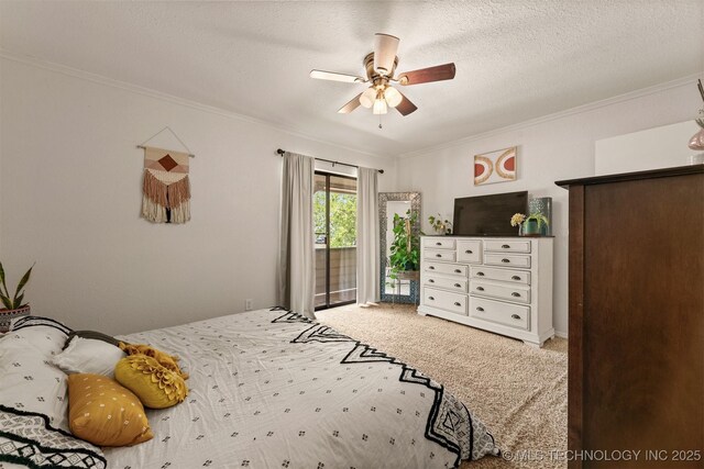 6353 S 80th E Ave Unit 1A, Tulsa, OK 74133 - carpeted bedroom with crown molding, access to exterior, a textured ceiling, and ceiling fan