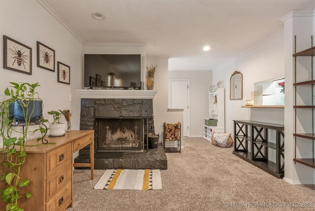 6353 S 80th E Ave Unit 1A, Tulsa, OK 74133 - carpeted living room with ornamental molding, a fireplace, and recessed lighting