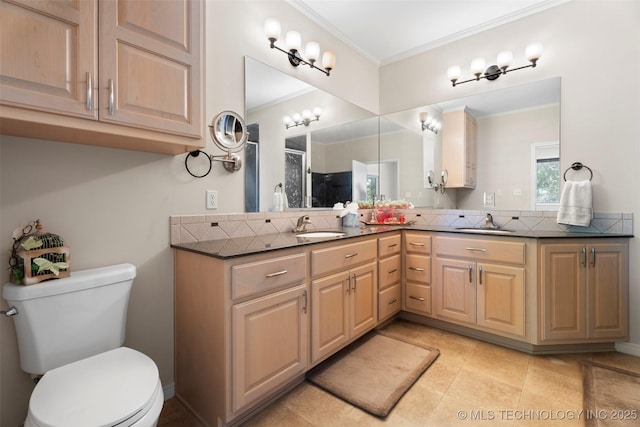59144 E 290th Rd, Grove, OK 74344 - full bathroom with toilet, decorative backsplash, crown molding, double vanity, and tile patterned floors