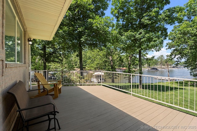 59144 E 290th Rd, Grove, OK 74344 - wooden terrace with a water view and a yard