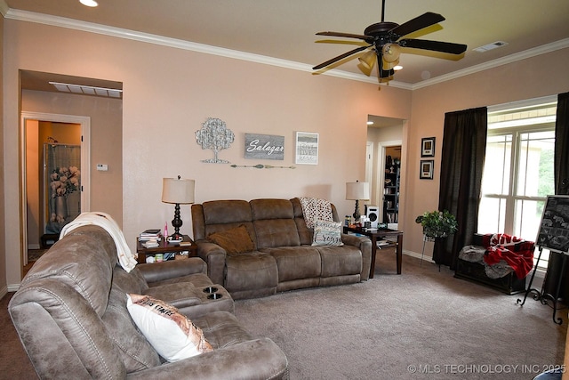 114 Stone, Roland, OK 74954 - living room with a ceiling fan, carpet flooring, crown molding, and baseboards