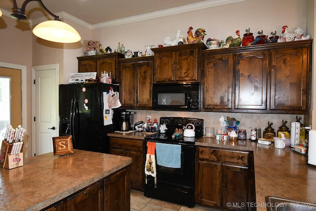114 Stone, Roland, OK 74954 - kitchen featuring black appliances, tasteful backsplash, ornamental molding, and dark brown cabinetry