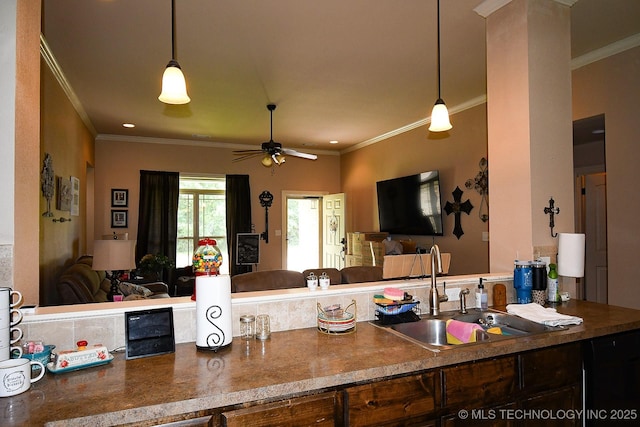 114 Stone, Roland, OK 74954 - kitchen with a sink, open floor plan, ornamental molding, ceiling fan, and decorative light fixtures