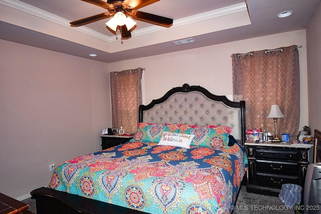 114 Stone, Roland, OK 74954 - carpeted bedroom featuring a raised ceiling, crown molding, recessed lighting, and ceiling fan