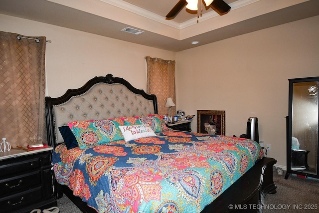 114 Stone, Roland, OK 74954 - carpeted bedroom with ornamental molding, ceiling fan, and a tray ceiling