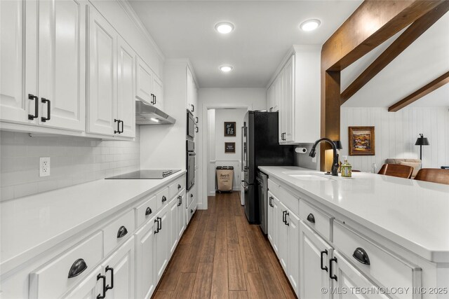 11837 S 84th Ave E, Bixby, OK 74008 - kitchen featuring a sink, under cabinet range hood, white cabinetry, decorative backsplash, and light countertops