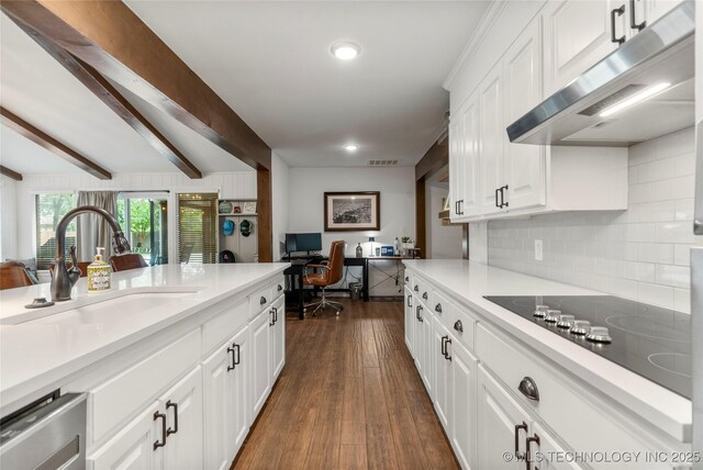 11837 S 84th Ave E, Bixby, OK 74008 - kitchen with under cabinet range hood, tasteful backsplash, a sink, white cabinets, and beam ceiling