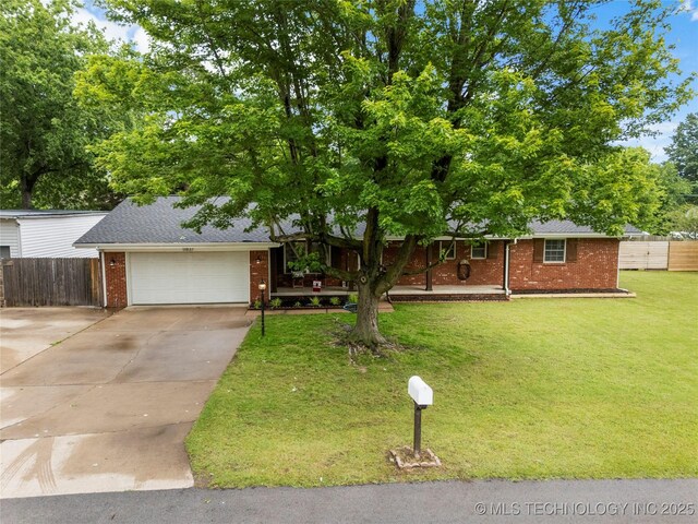 11837 S 84th Ave E, Bixby, OK 74008 - ranch-style home with brick siding, concrete driveway, an attached garage, a shingled roof, and a porch