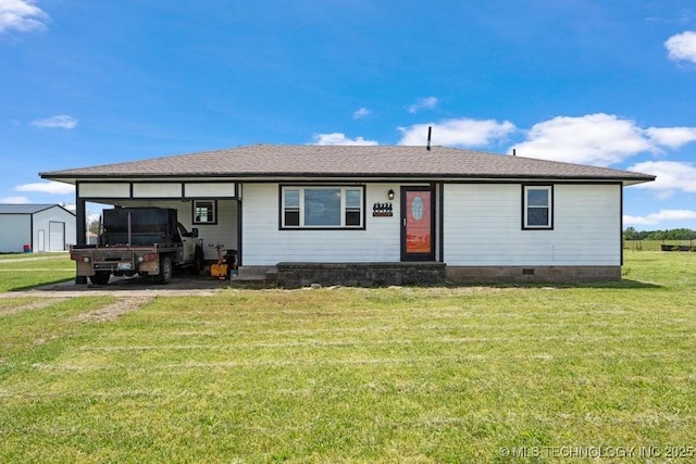 24708 E 18th Rd, Vinita, OK 74301 - ranch-style house featuring a front yard, an attached carport, crawl space, and a shingled roof