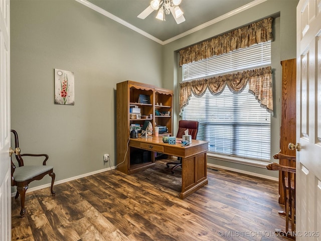 1821 N 11th St, Broken Arrow, OK 74012 - office area with crown molding, baseboards, a ceiling fan, wood finished floors, and a towering ceiling
