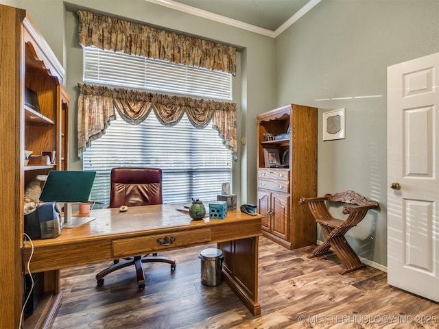 1821 N 11th St, Broken Arrow, OK 74012 - home office featuring crown molding, wood finished floors, and baseboards