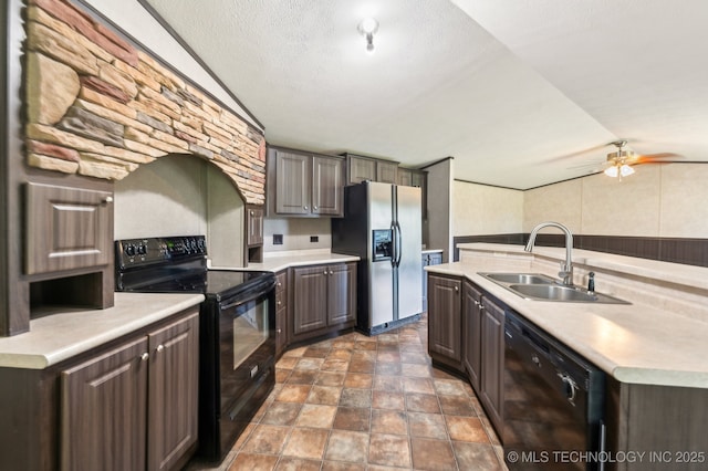 10180 S 241st W Ave, Sapulpa, OK 74066 - kitchen with black appliances, a sink, light countertops, a ceiling fan, and lofted ceiling