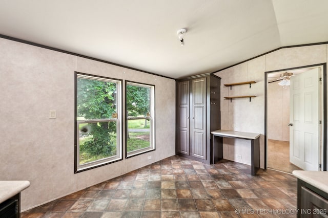 10180 S 241st W Ave, Sapulpa, OK 74066 - unfurnished office featuring lofted ceiling, stone finish flooring, and a ceiling fan