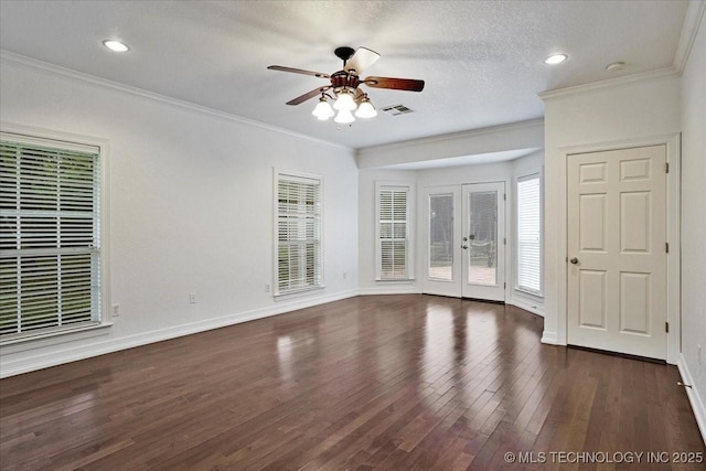 2259 E Rodeo Rd, Durant, OK 74701 - unfurnished living room featuring ceiling fan, wood finished floors, baseboards, ornamental molding, and recessed lighting