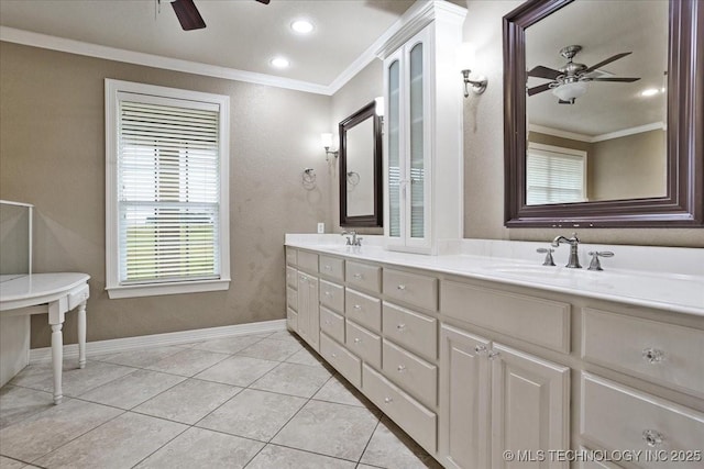 2259 E Rodeo Rd, Durant, OK 74701 - full bathroom with ceiling fan, crown molding, double vanity, baseboards, and recessed lighting