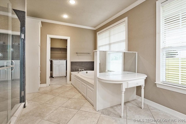2259 E Rodeo Rd, Durant, OK 74701 - full bathroom featuring crown molding, a bath, baseboards, recessed lighting, and a shower stall