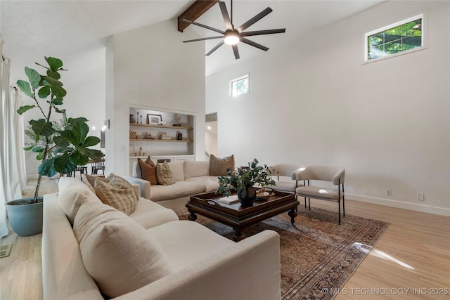 8721 S 65th E Pl, Tulsa, OK 74133 - living room featuring high vaulted ceiling, ceiling fan, wood finished floors, beam ceiling, and plenty of natural light